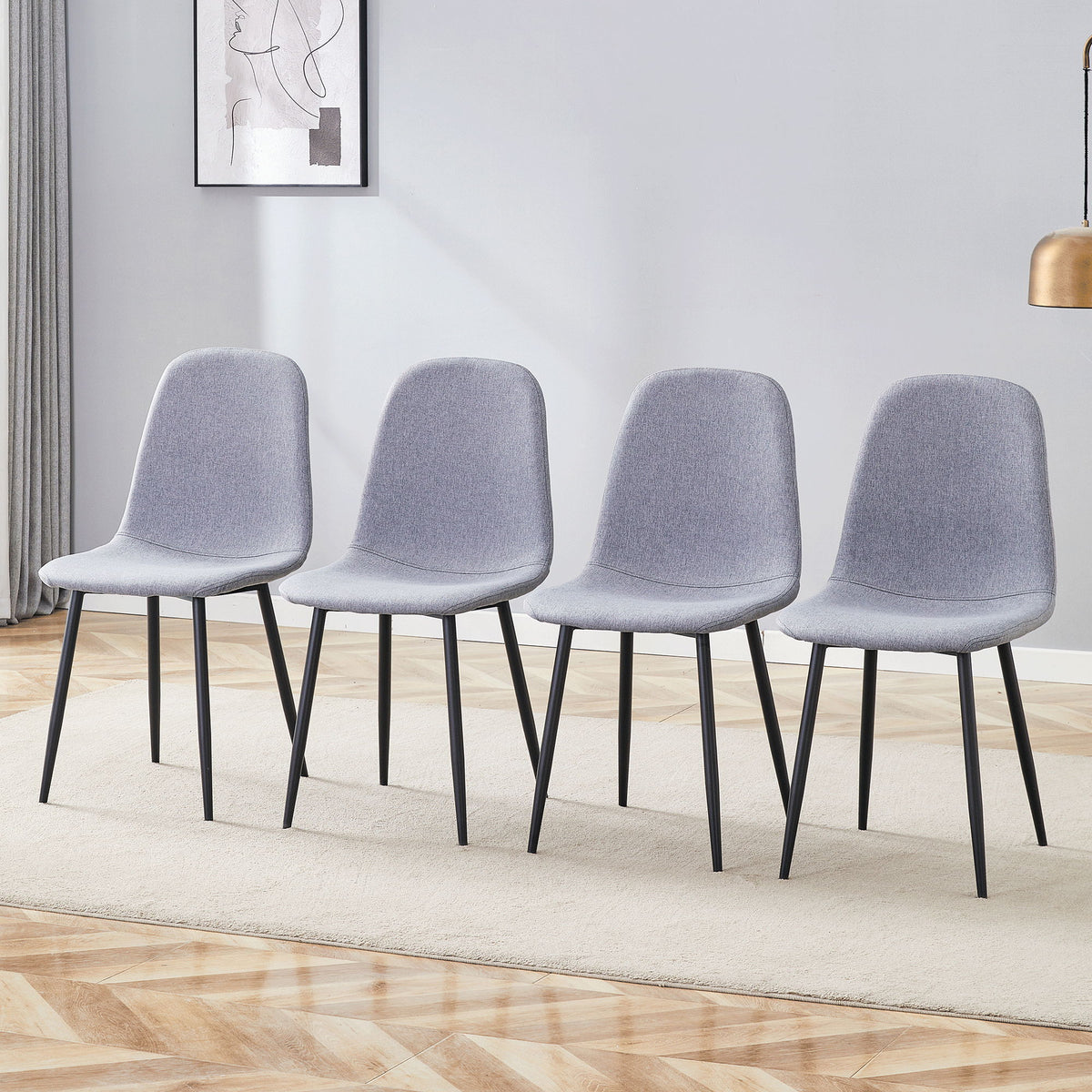 Luxury Simple Chair Linen Cotton High Resilience Dining Chair With Black Metal Legs (Set of 4) - Light Gray