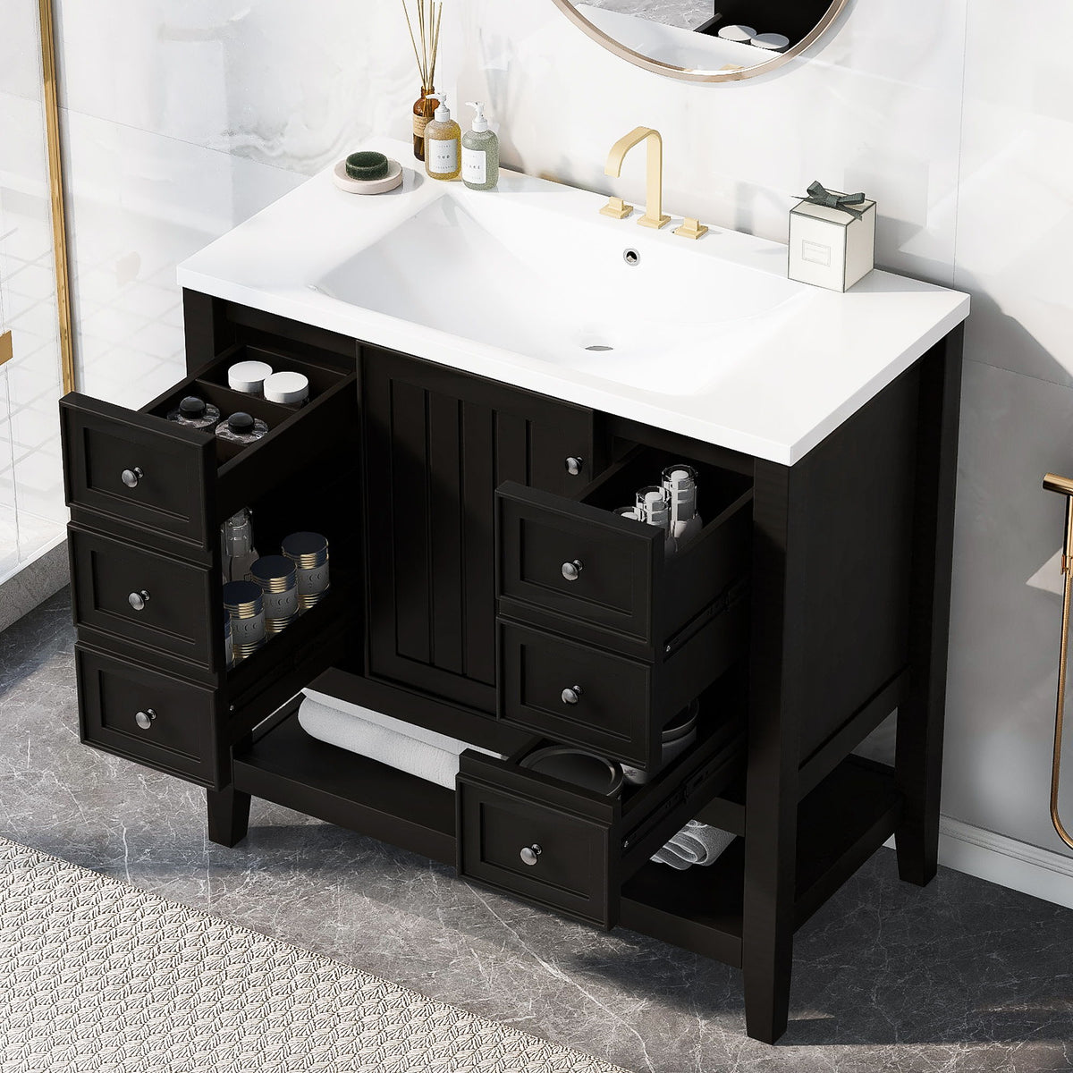 36" Bathroom Vanity & Sink, 2 Cabinet And 3 Drawers - Black