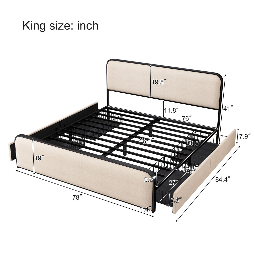 Modern Bed With Curved Upholstered Headboard And Footboard, Heavy Duty Metal Slats