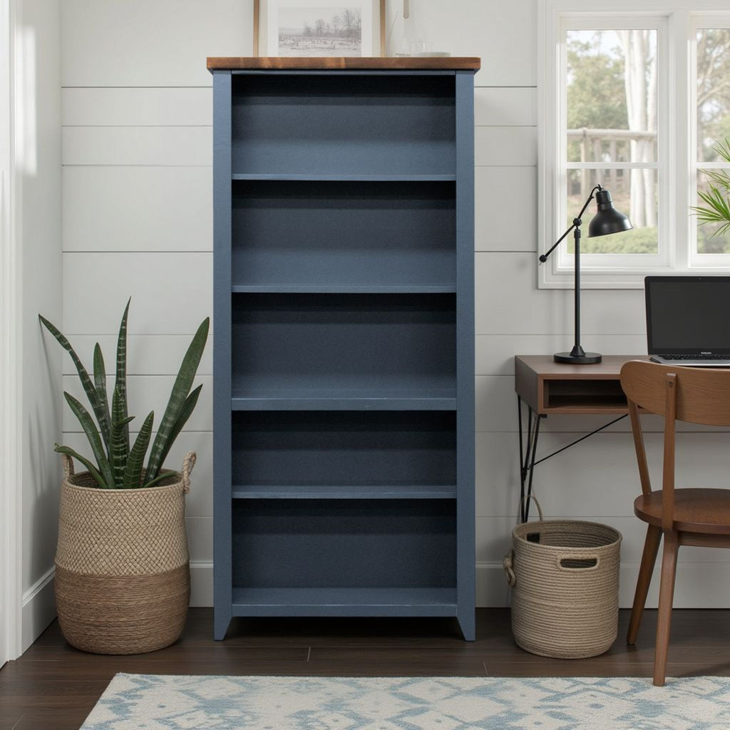 Nantucket - 5 Shelf Bookcase - Blue Denim / Whiskey