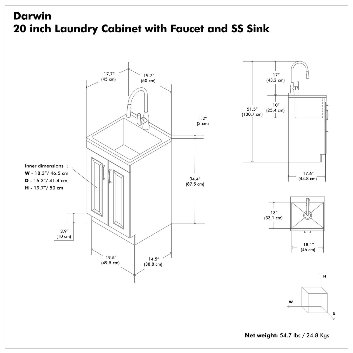 Darwin - Deluxe Laundry Cabinet With Pull-Out Faucet And Stainless Steel Sink