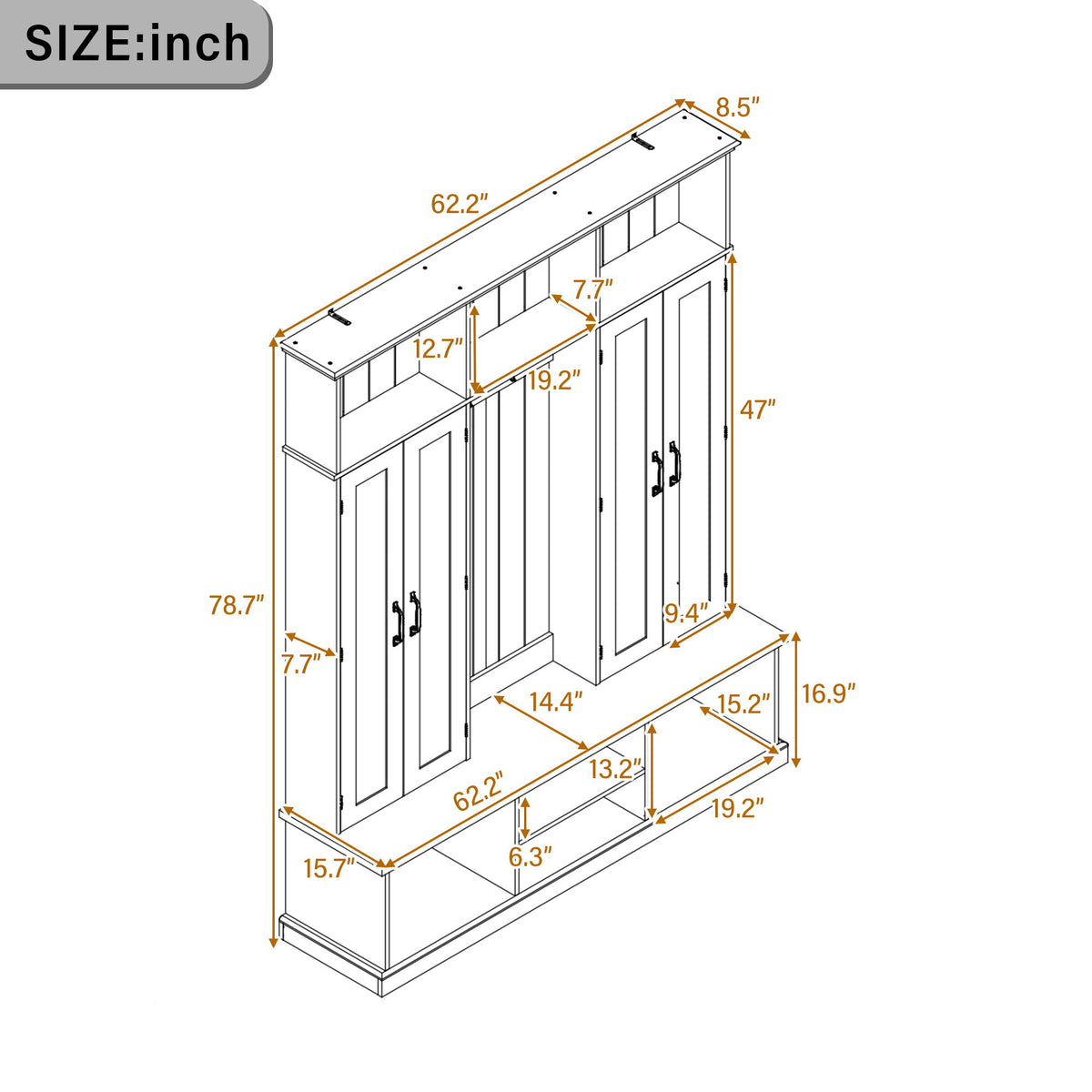 Entryway Hall Tree With Bench, 3 Top Cubbies & Bottom Storage Space