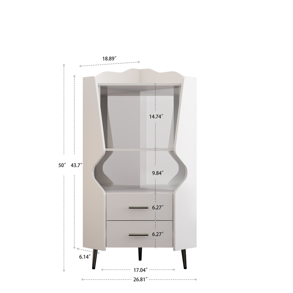 Corner Bar Cabinet With Mirrored Back, 2 Open Shelves & 2 Drawers, High Legs For Easy Cleaning