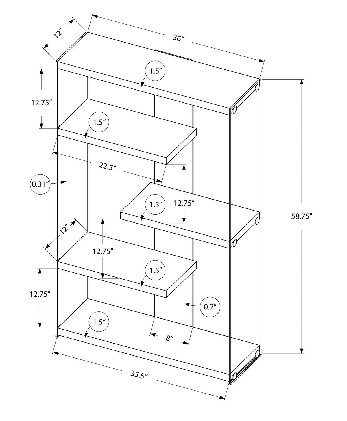 Bookshelf, Bookcase, Etagere, 5 Tier, Office, Glossy Contemporary & Modern - White