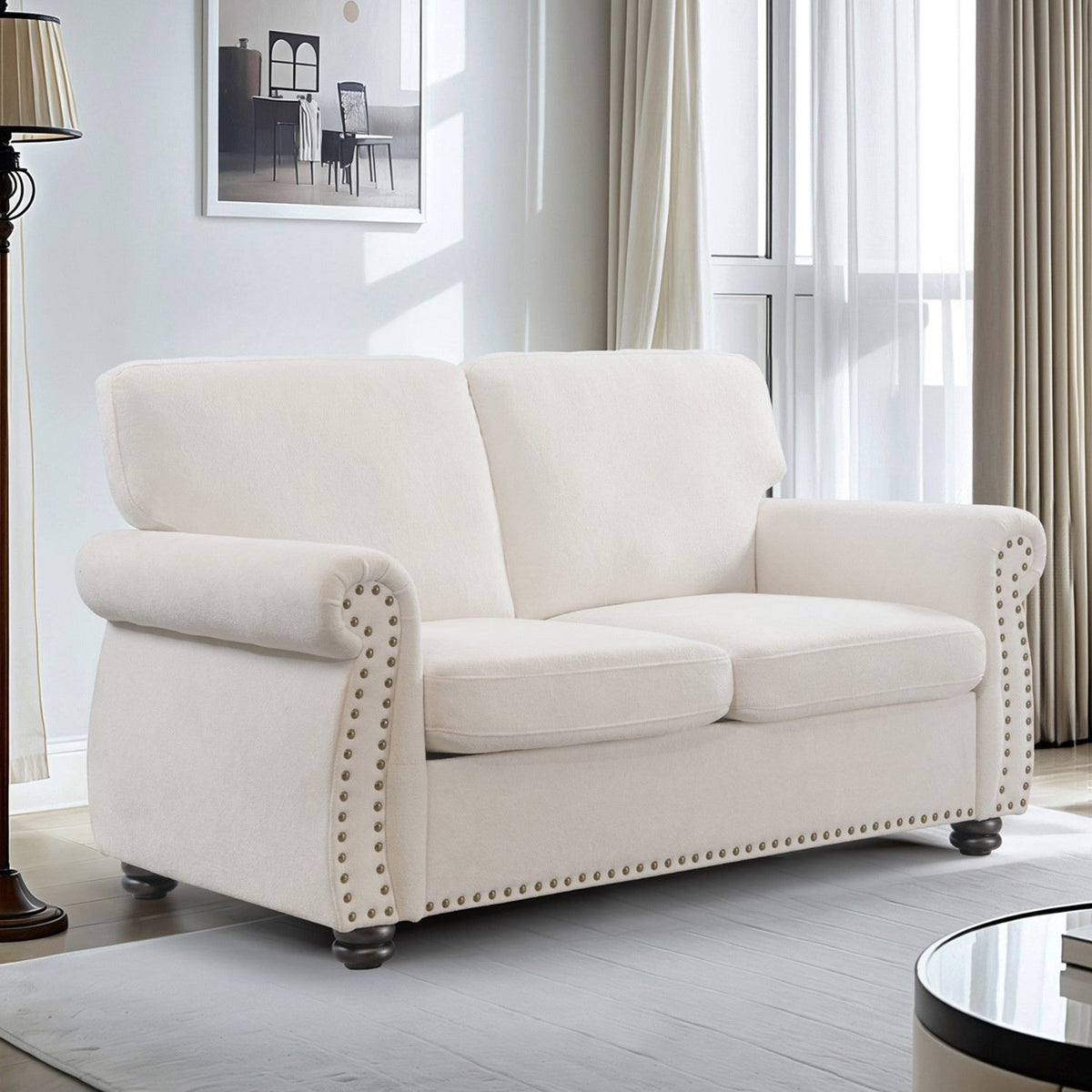 Soft Loveseat, Upholstered 2 Seater Couch, Loose Back Cushions And Turned Legs
