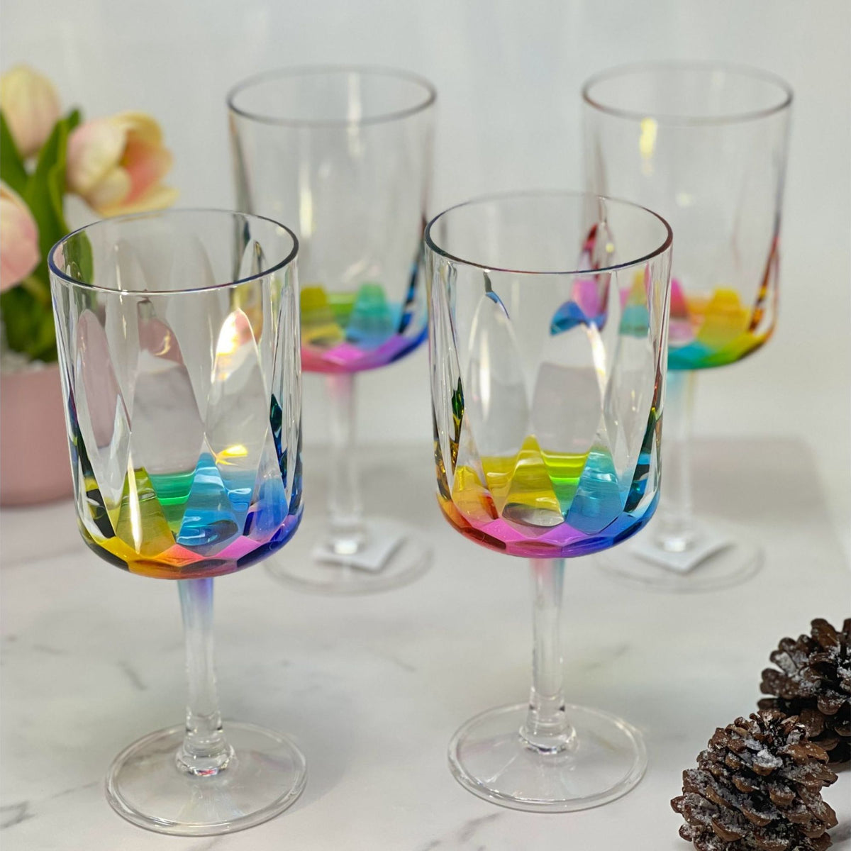 Leadingware Rainbow Diamond Plastic Wine Glasses (Set of 4), Unbreakable Bpa Free Acrylic, 16Oz - Clear