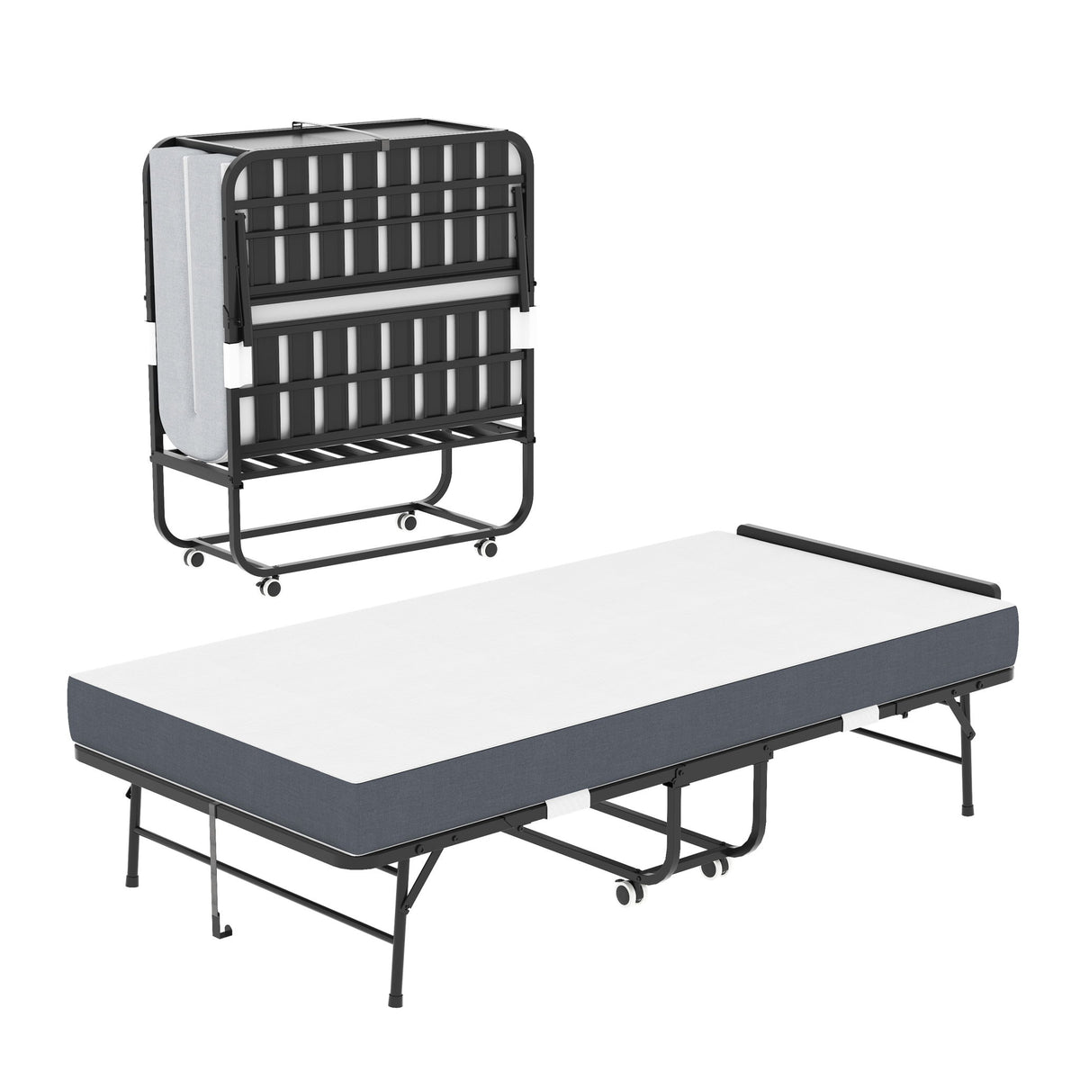 Twin Folding Bed With Adjustable Headboard, Memory Foam For Tall People, Heavy-Duty Portable On Wheels, Easy Assembly - Black