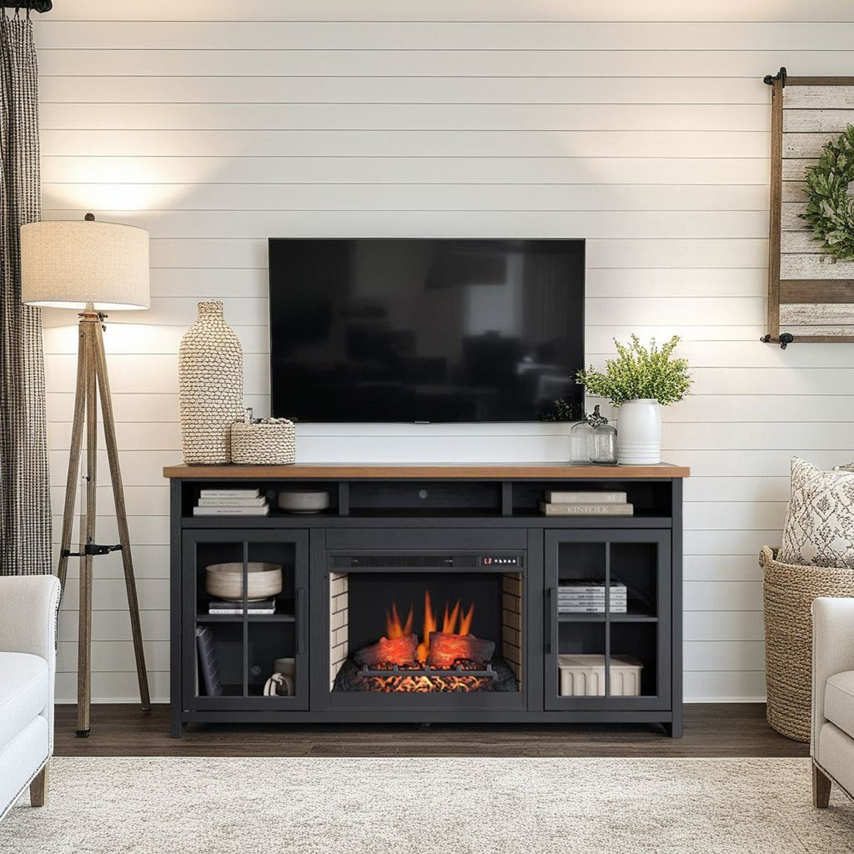 Essex - Fireplace TV Stand Console For TVs Up To 85" - Black / Whiskey