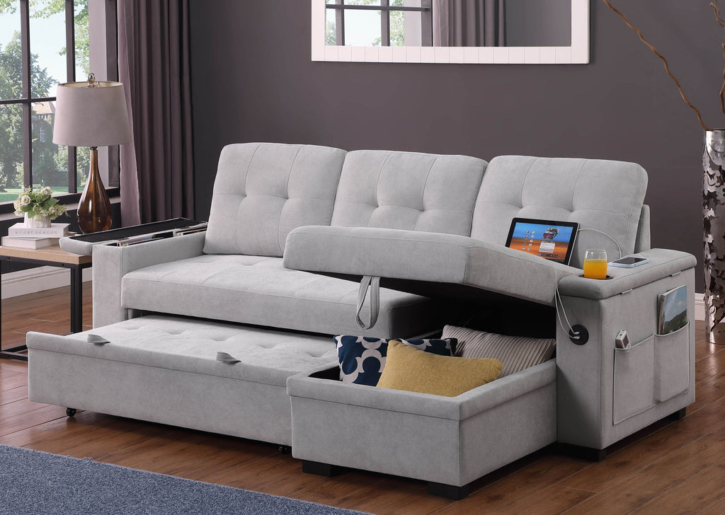 Ashlyn II - Reversible Sleeper Sectional Sofa With Storage Chaise, Storage Arm, Cup Holder, Charging Ports, Side Pockets, and Pocket Coil Seating - Gray