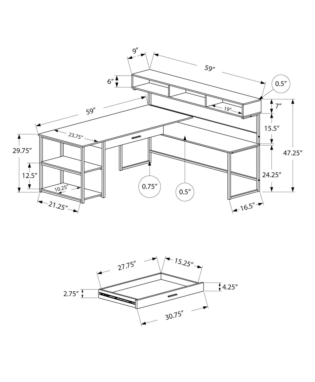 Computer Desk, Home Office, Corner, Storage Drawers, L Shape, Laptop, Contemporary & Modern