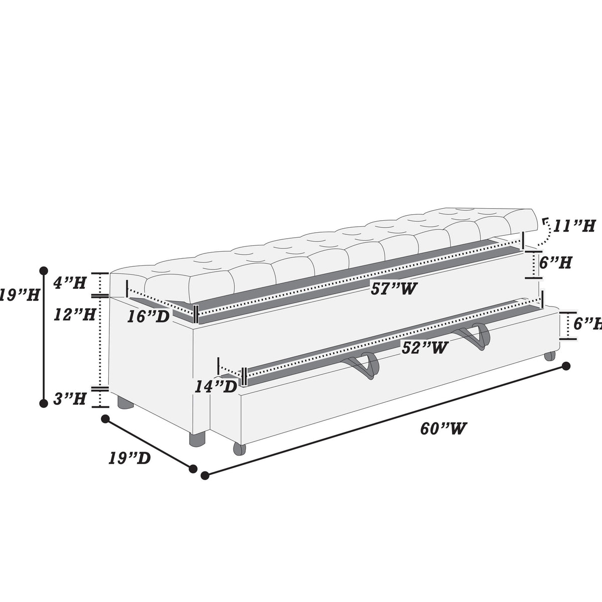 Storage Ottoman With Tufted Seat And Underseat Drawer