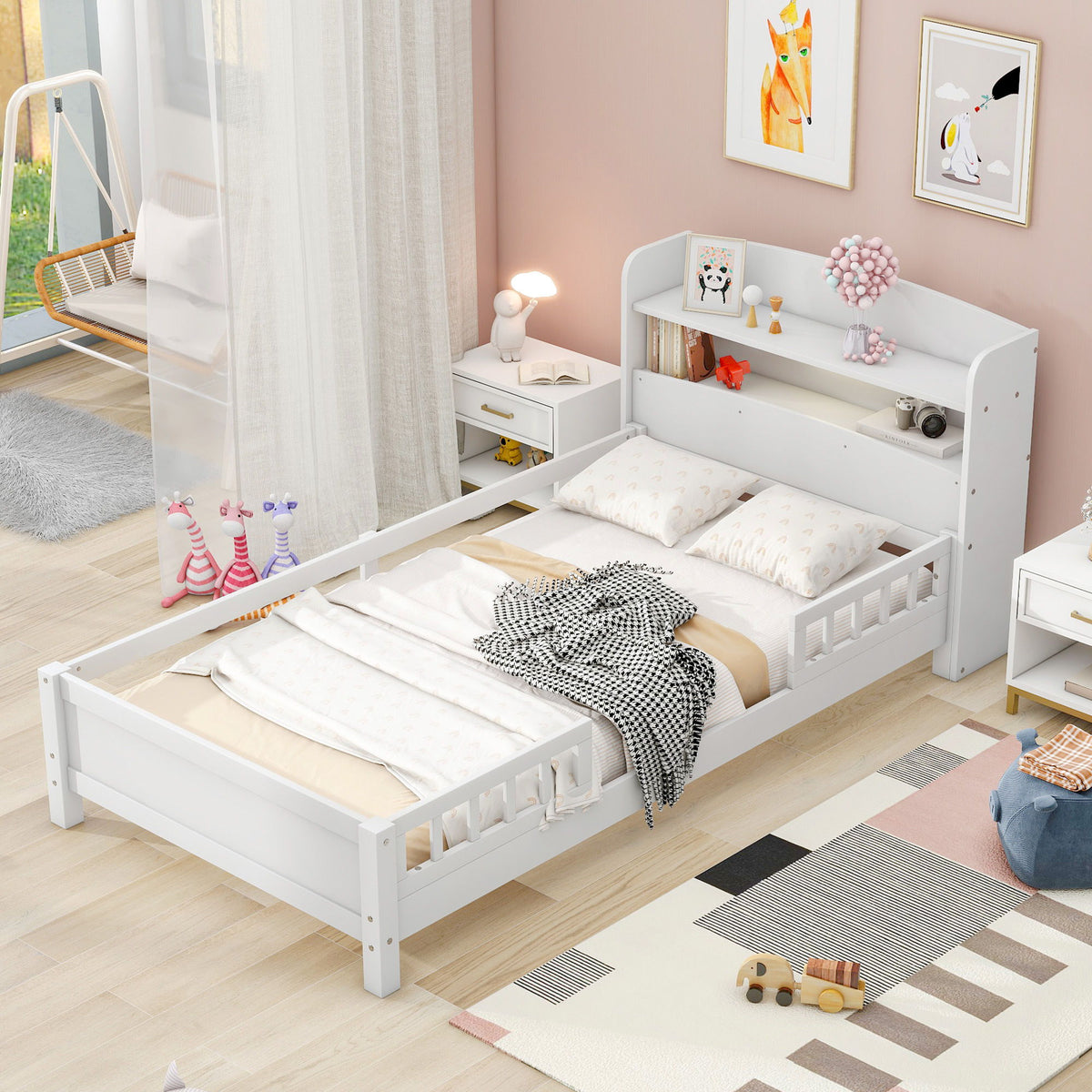 Wood Platform Bed With Built In LED Light, Storage Headboard And Guardrail