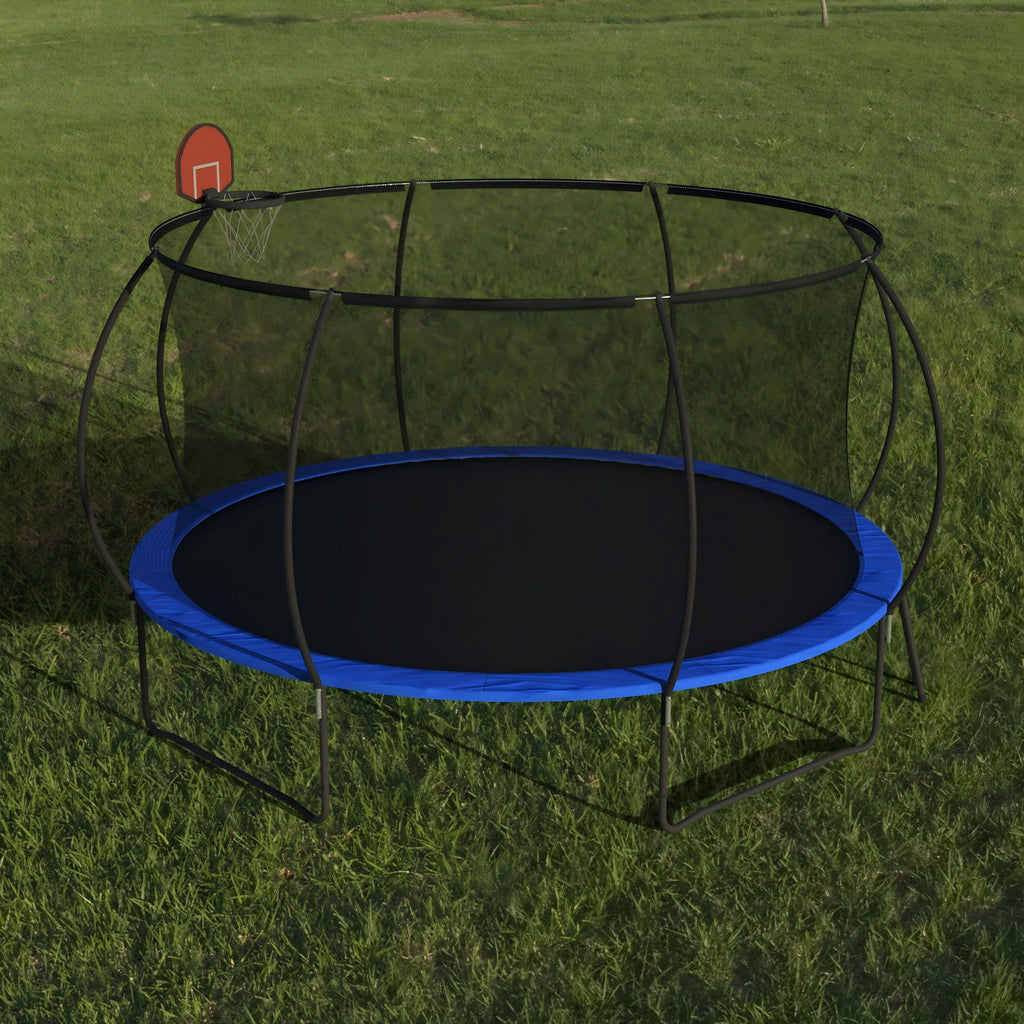 Pumpkin 14 Ft Outdoor Trampoline With Basketball Hoop Enclosure Net Ladder And Metal - Black / Blue