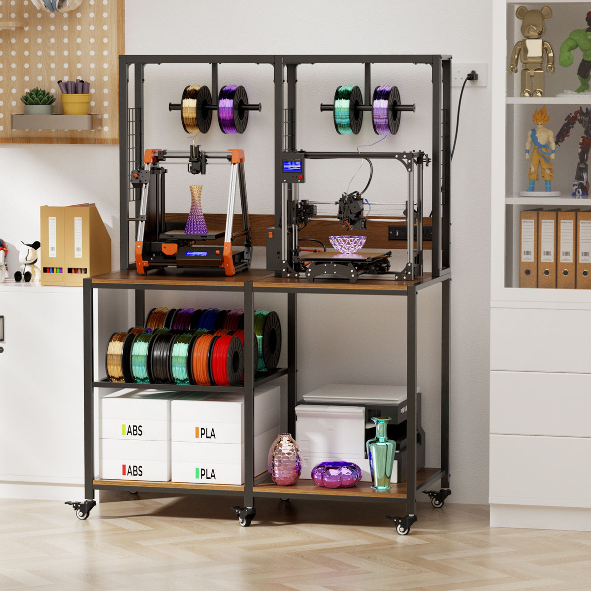 Double 3D Printer Stand With Filament Storage, T-Type Filament Holder, Lockable Wheel, Mobile Or Fixed Printer Rack For Home - Black