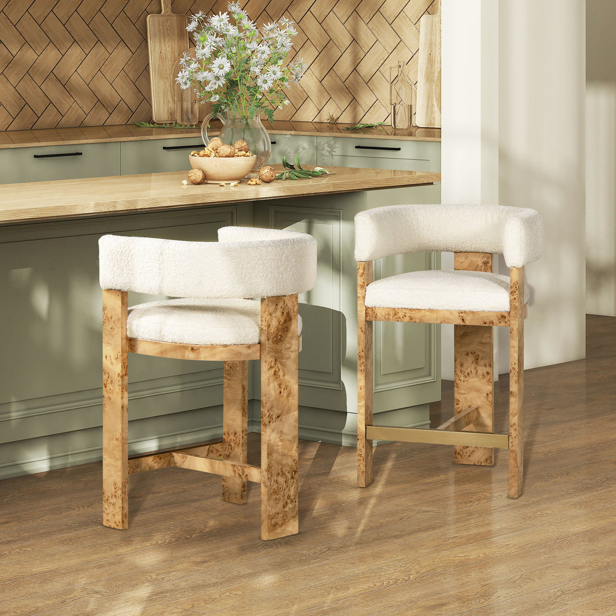 Vavona - Burl Upholstered Barrel Back Counter Height Bar Stool - Polar Off White