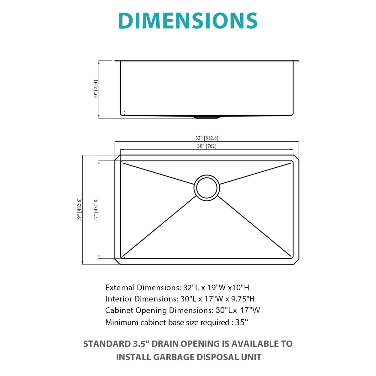 Finish Undermount Stainless Steel Kitchen Sink 32" X 19" 16 Gauge Deep Single Bowl