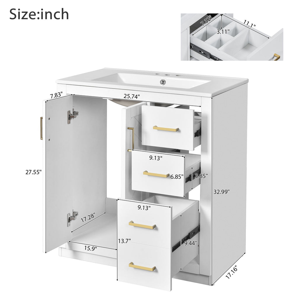 Bathroom Vanity With Sink, Storage Cabinet, Freestanding Set With 3 Drawers & Soft Closing Doors