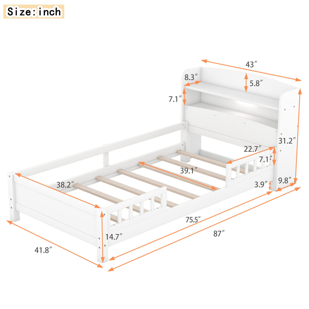Wood Platform Bed With Built In LED Light, Storage Headboard And Guardrail