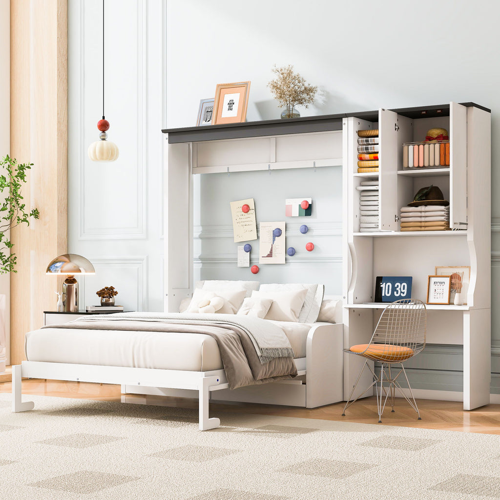 Multi Functional Murphy Bed With Sofa, Desk, And Storage Cabinet In, Full Size - White