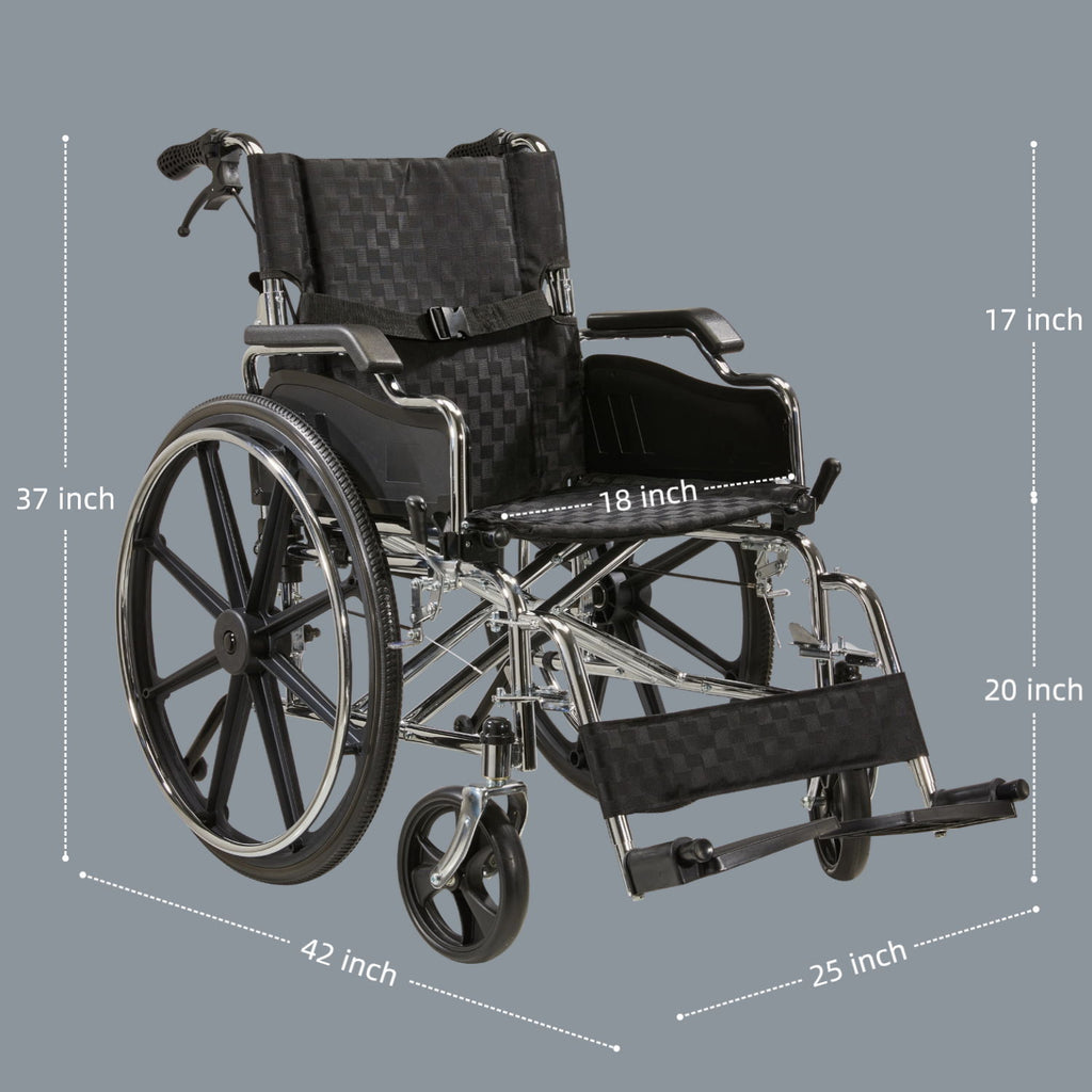 Lightweight Wheelchair Foldable 300 Lbs Capacity 24" Tires Adjustable Seat Belt And Anti Backflip Device Safe And Durable Transport Chair For And Disabled - Silver