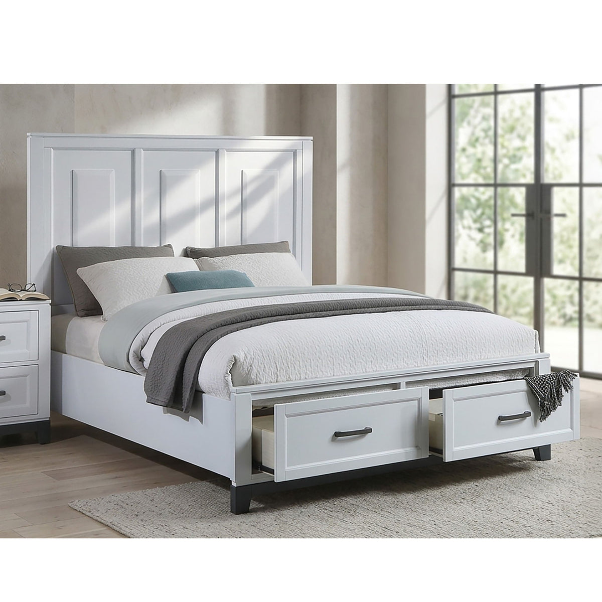 3 Piece Bedroom Furniture Panel Headboard White Queen Size Bed W Underbed Drawers Nightstands Chest Gray