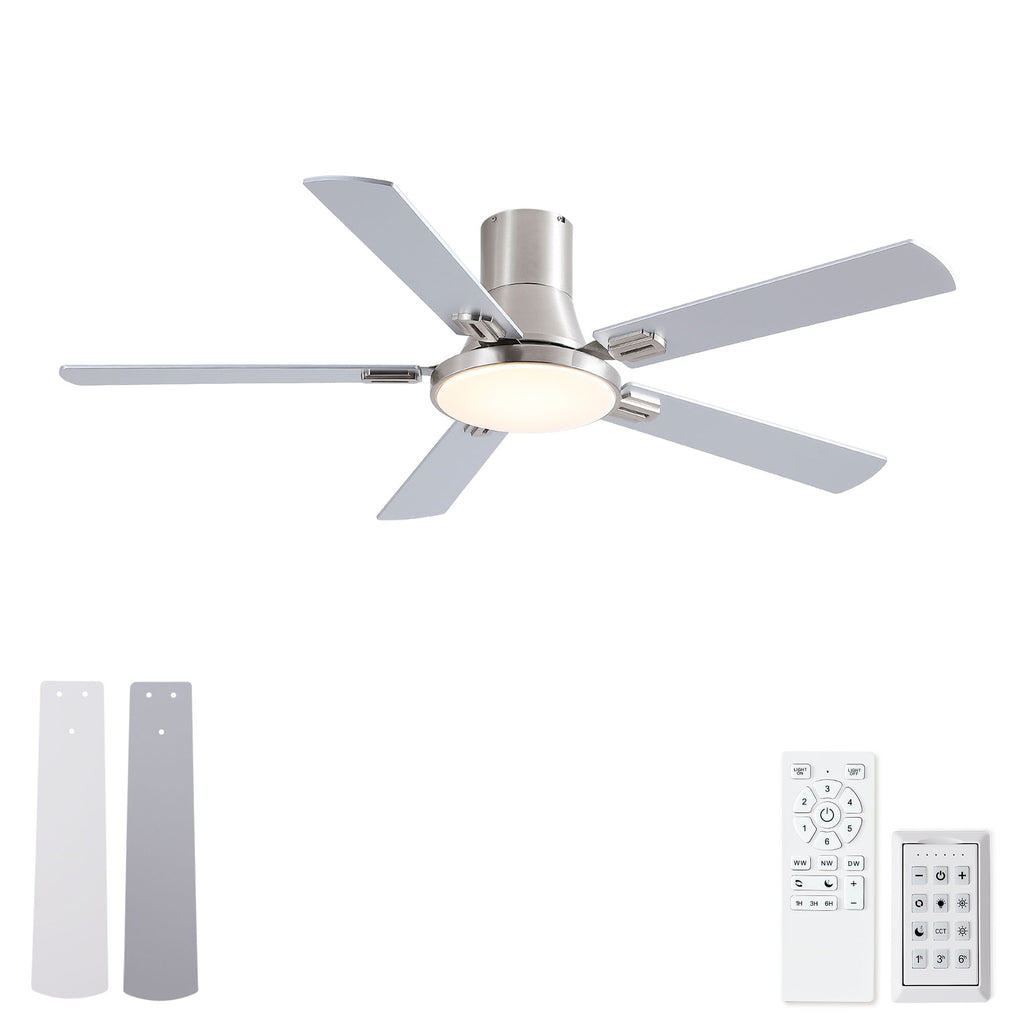 Flush Mount Ceiling Fans With LED Light And Remote Control, 5 Blades