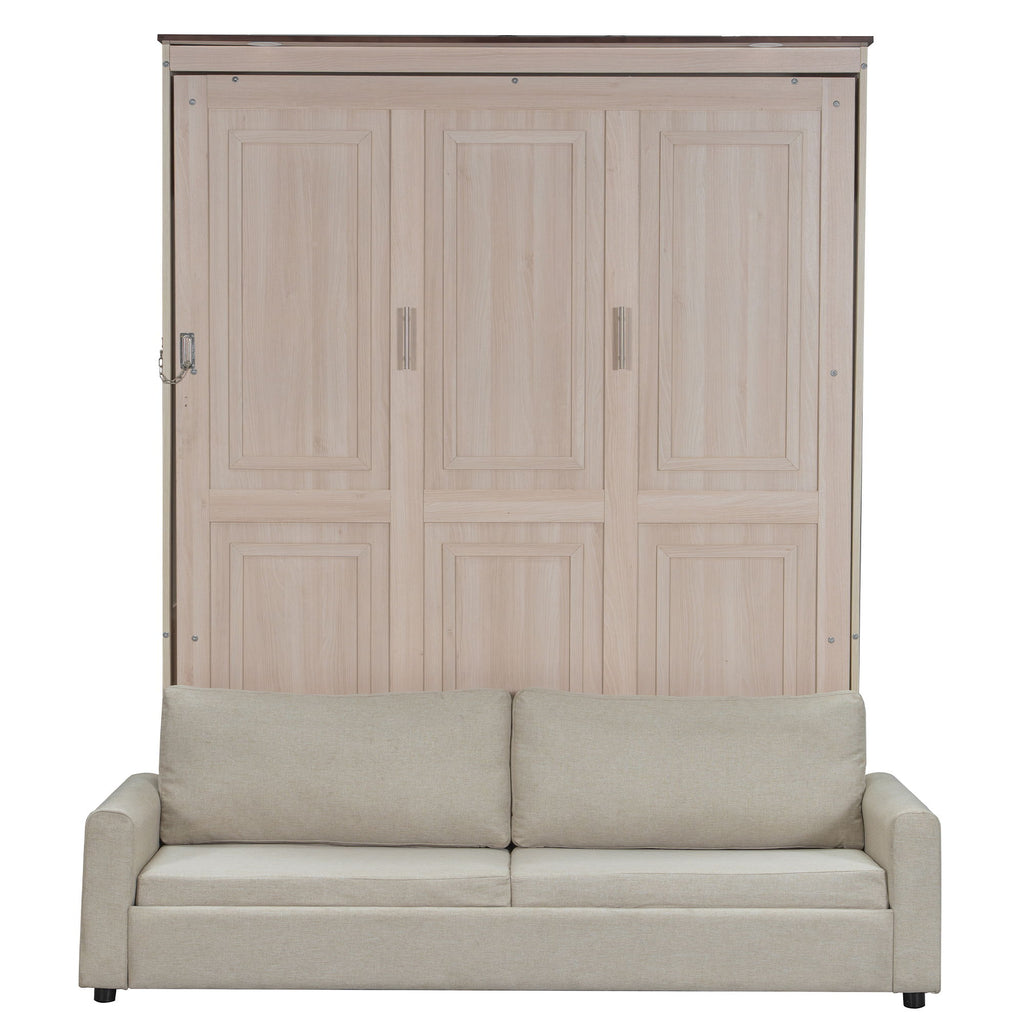 Queen Size Murphy Bed With Sofa And LED - Beige