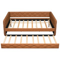 Upholstered Full Long Daybed With Trundle And LED Armrests - Brown
