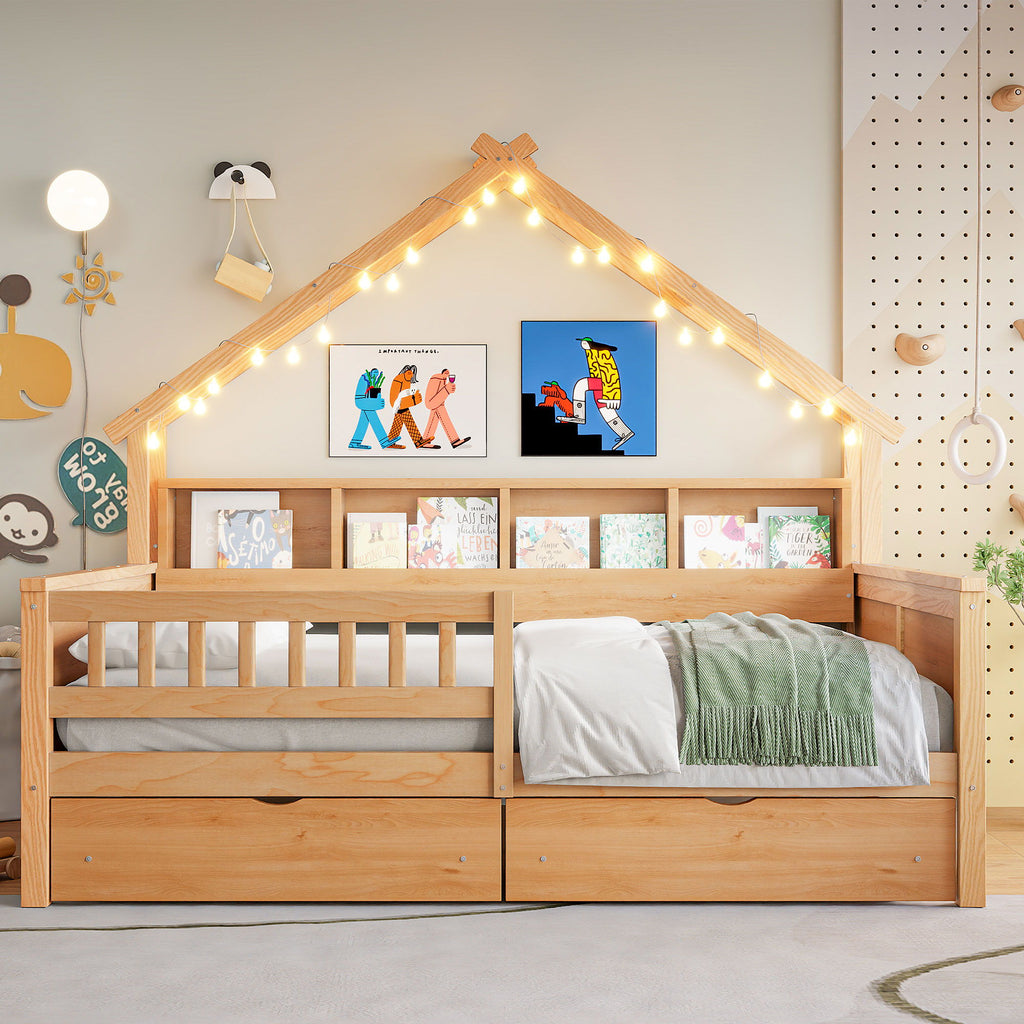House Style Platform Bed With LED Lights, Storage Shelves, Drawers, And Guardrail