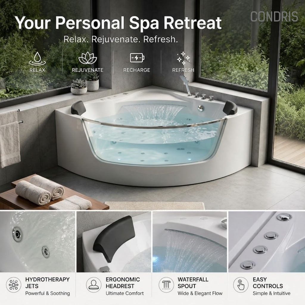 Revive - Massage Bathtub With 1.5 Hp Whirlpool Massage, Hidden Waterfall, LED Bubble Jets And Glass Accent - White