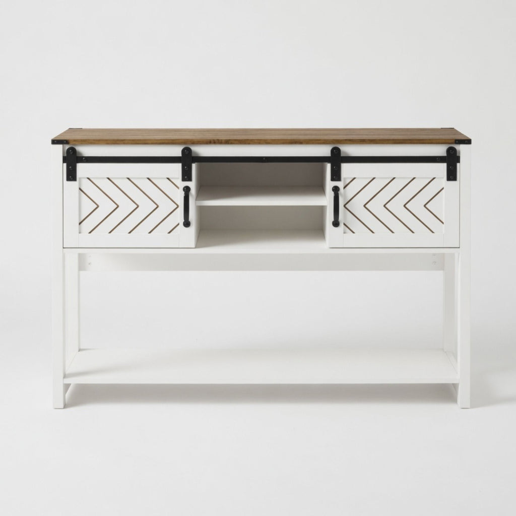 Entryway Table With Sliding Barn Door Storage - White / Oak