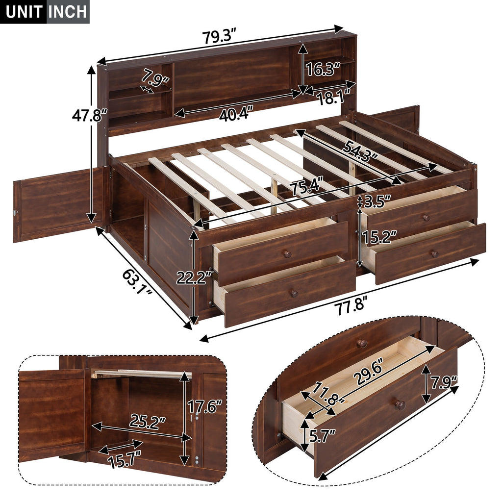 Full Size Captain Bed With Built In Storage Shelves, 4 Drawers And 2 Cabinets - Antique Brown