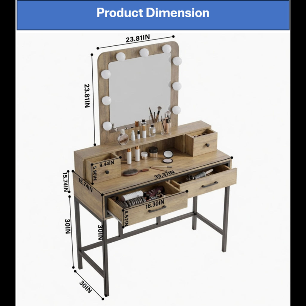 Vanity Desk With 3 Color Lighted Mirror And 4 Drawers