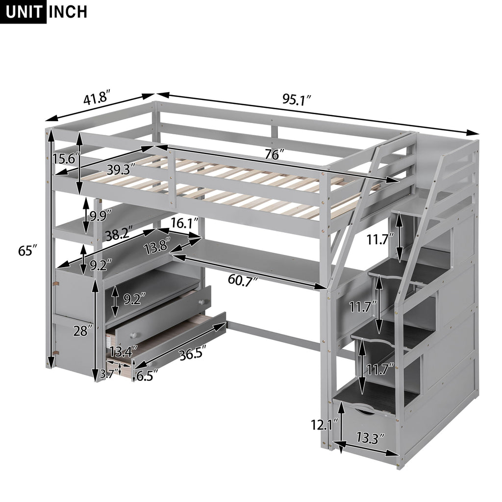 Loft Bed With Desk, Shelves, 2 Drawers, Storage Staircase