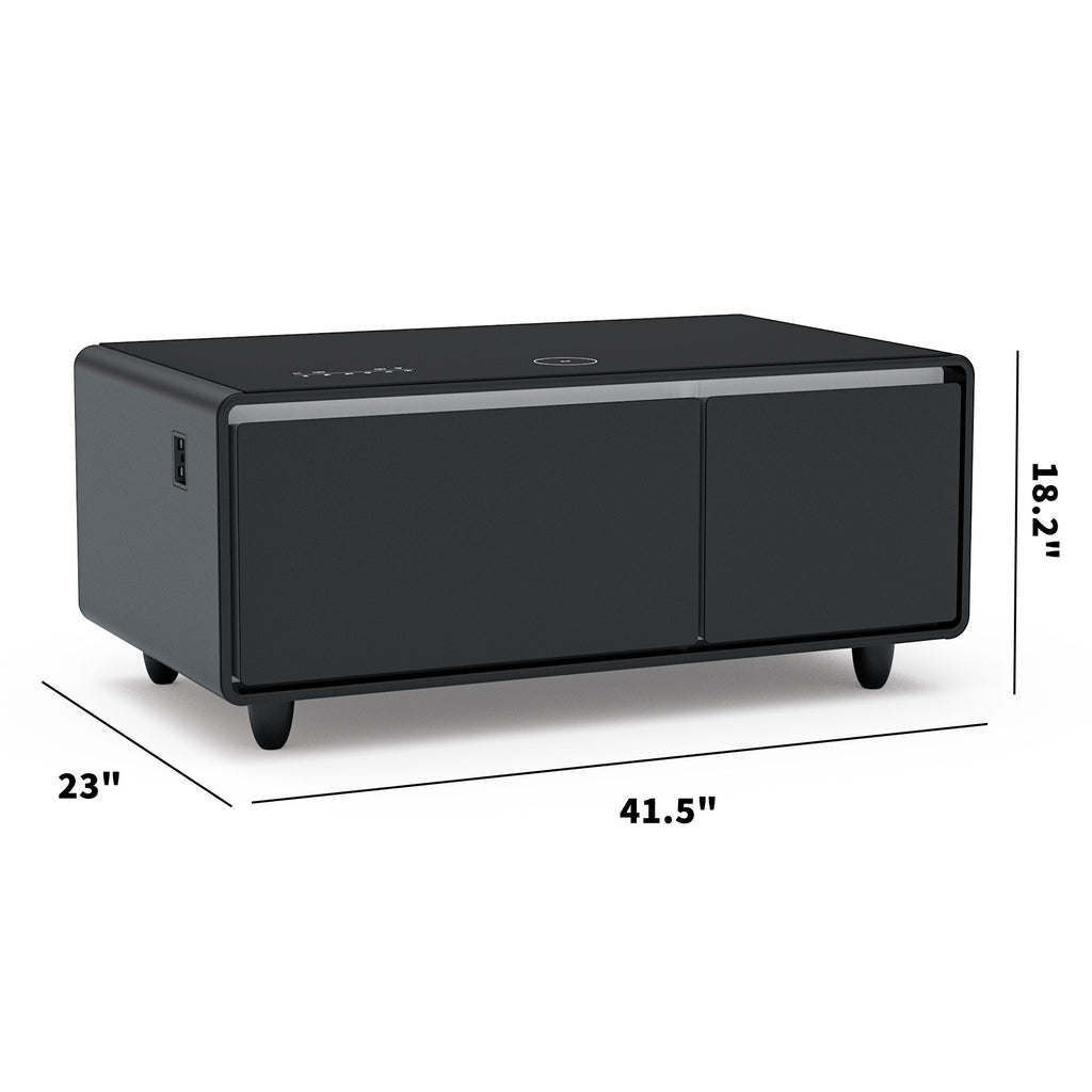 Modern Smart Coffee Table With Built-In Fridge - tooth Speaker, Wireless Charging, Touch Control Panel, USB Interface, Outlet Protection, Atmosphere Light