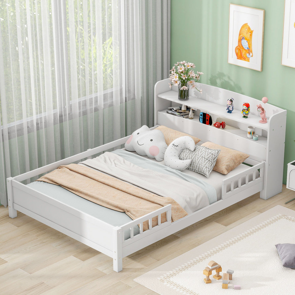Wood Platform Bed With Built In LED Light, Storage Headboard And Guardrail