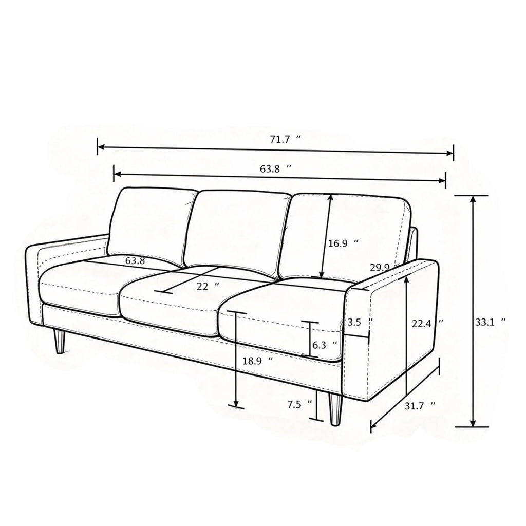 Modern Upholstered 3‑Seat Sofa Couch, Polyester Fabric Sofa With Accent Pillows, Loose Back Cushion For Living Room Apartment - Dark Blue