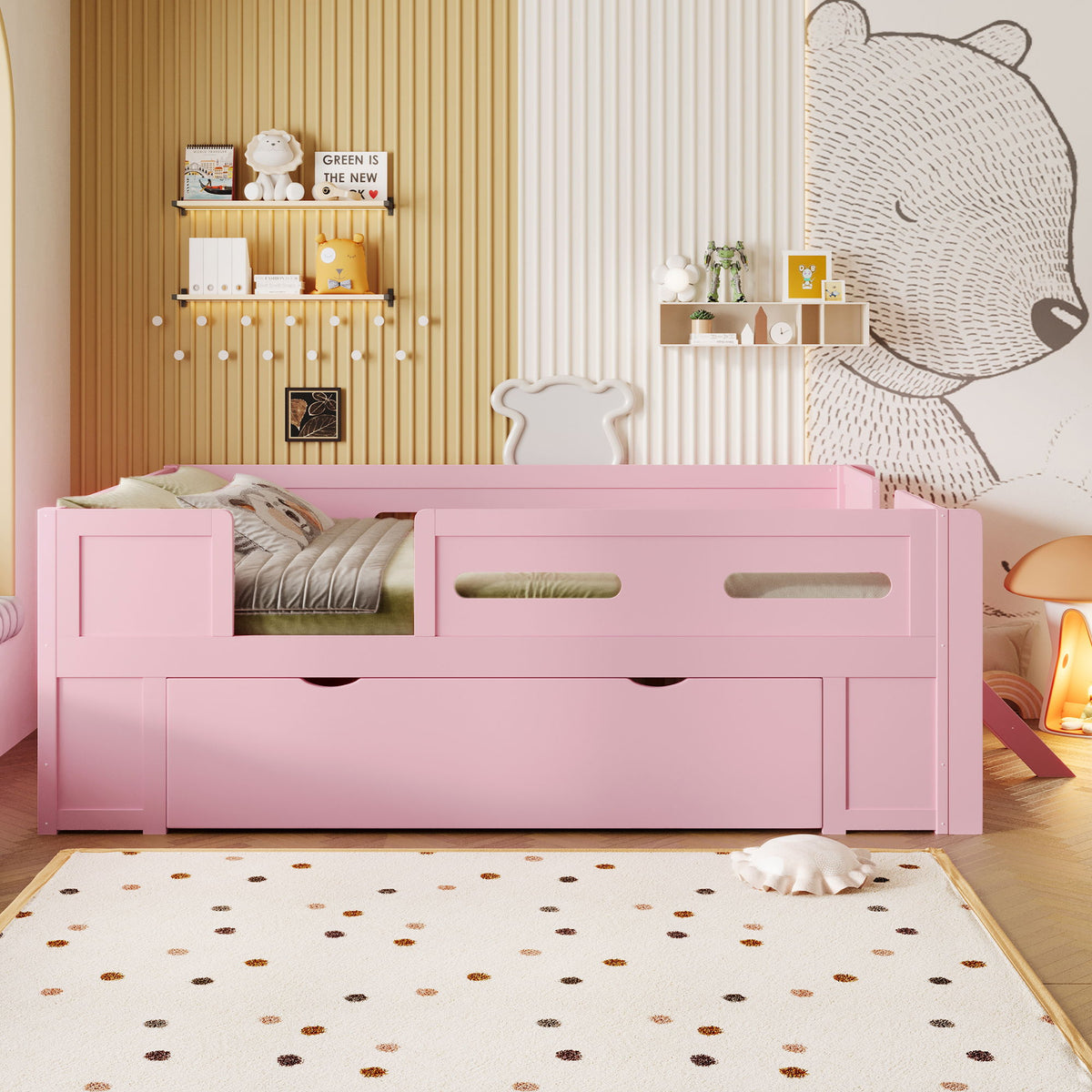Platform Bed With Guardrail And Drawer