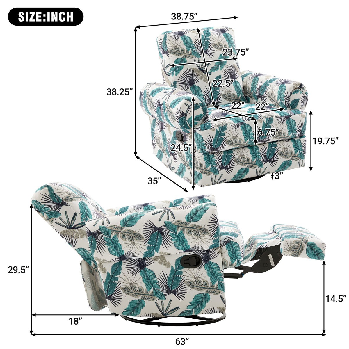 Manual Swivel Recliner Rocker Chair With Adjustable Backrest