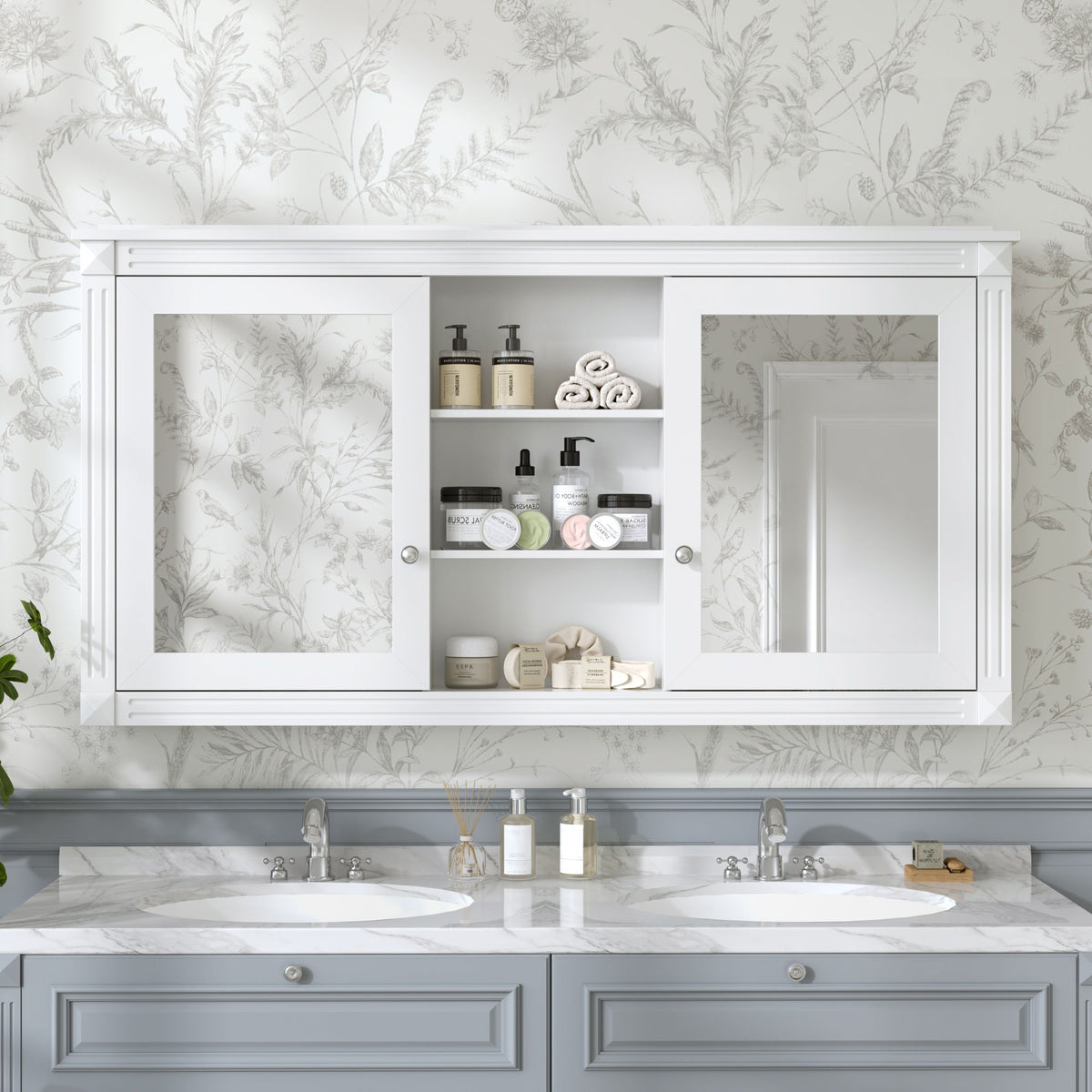 Modern Wall-Mount 2 In 1 Mirror Cabinet With Adjustable Shelves, Soft-Closing Hinges