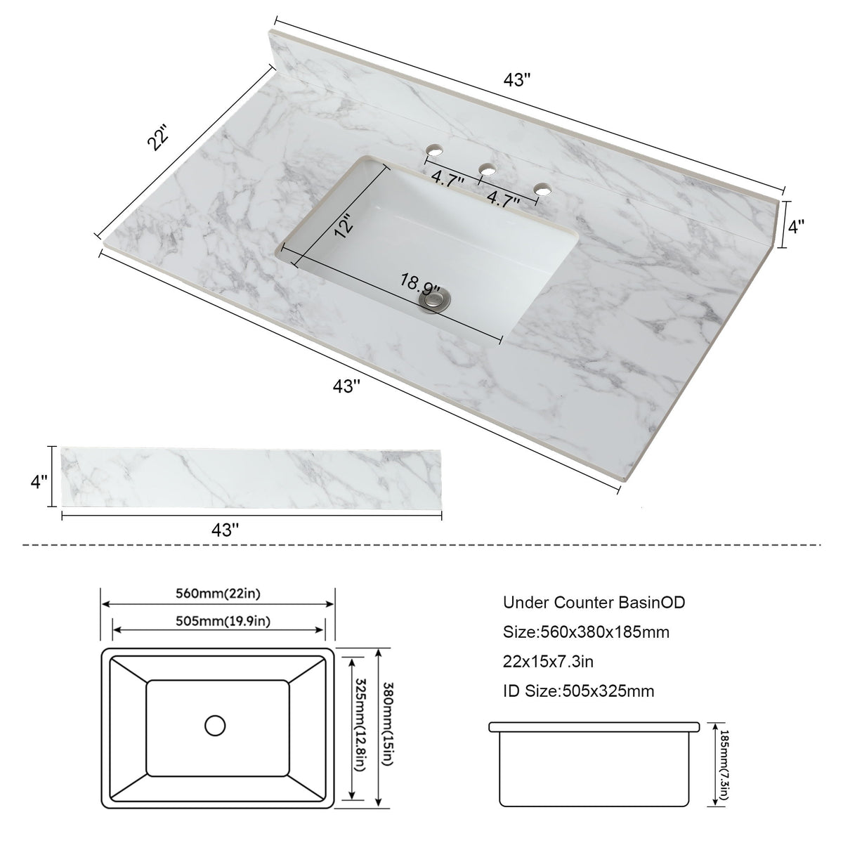 Elegant Sintered Stone Bathroom Vanity Top With Rectangular Undermount Ceramic Sink