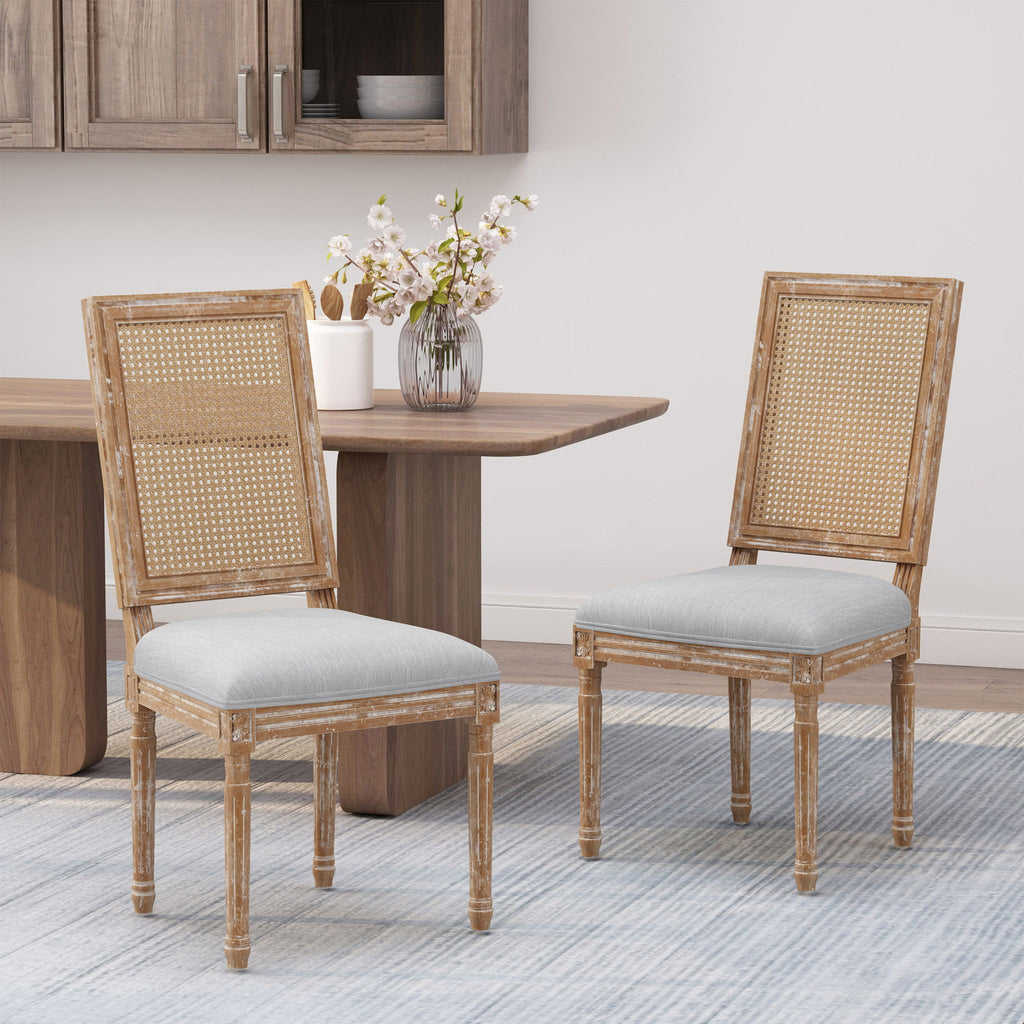 French Country Dining Chair With Rectangular Cane Backrest And Smooth Upholstered Seating