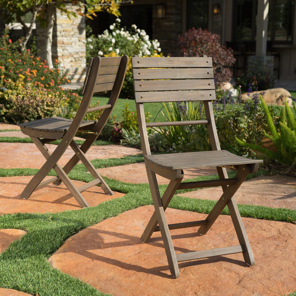 Outdoor Foldable Wood Dining Chair With Slat Design (Set of 2)