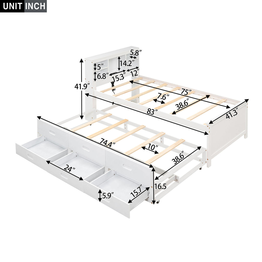 Platform Bed With Storage Headboard, USB, Trundle And 3 Drawers
