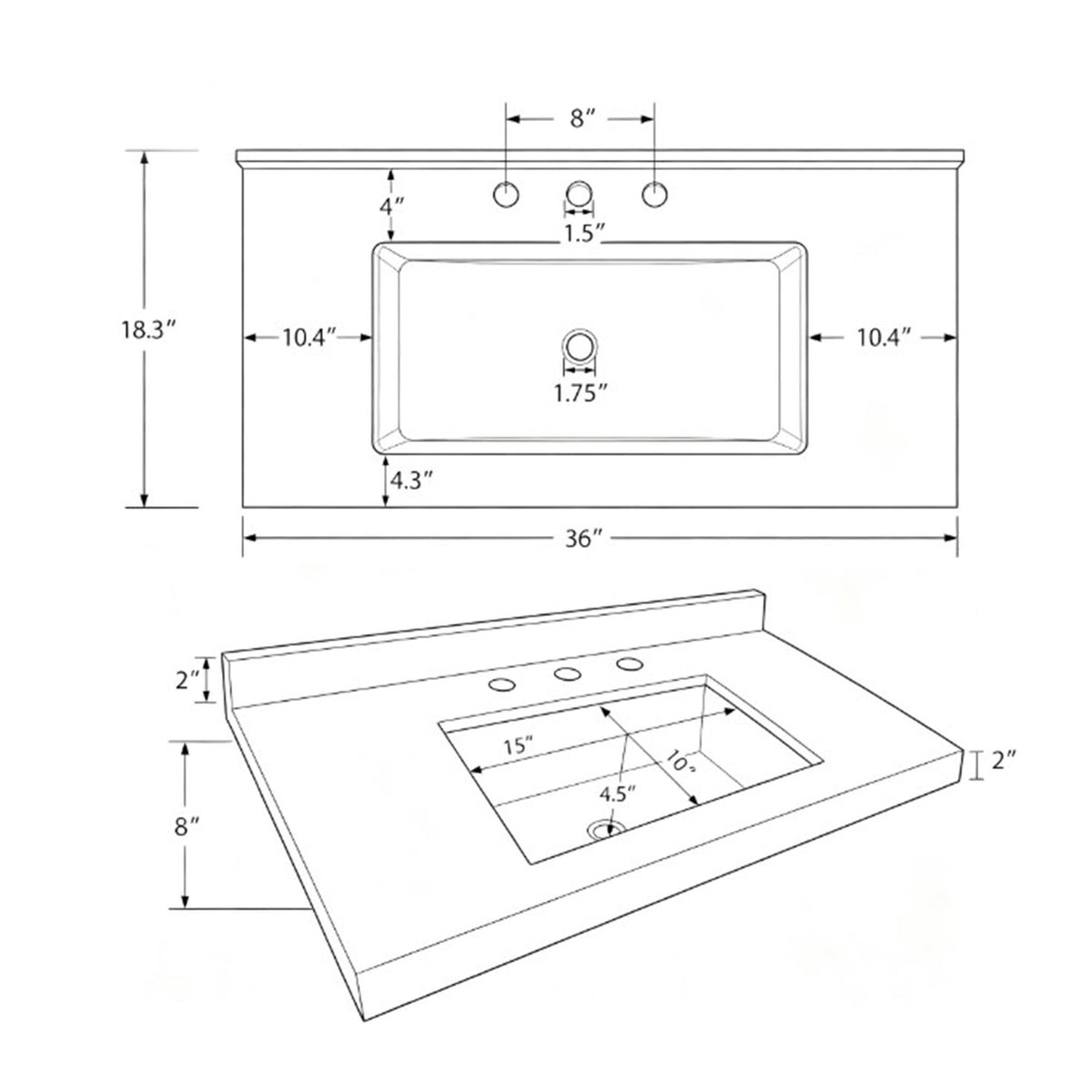 Basin Sink, Triple Faucet Holes, 2" Thick Rim, Sink Only