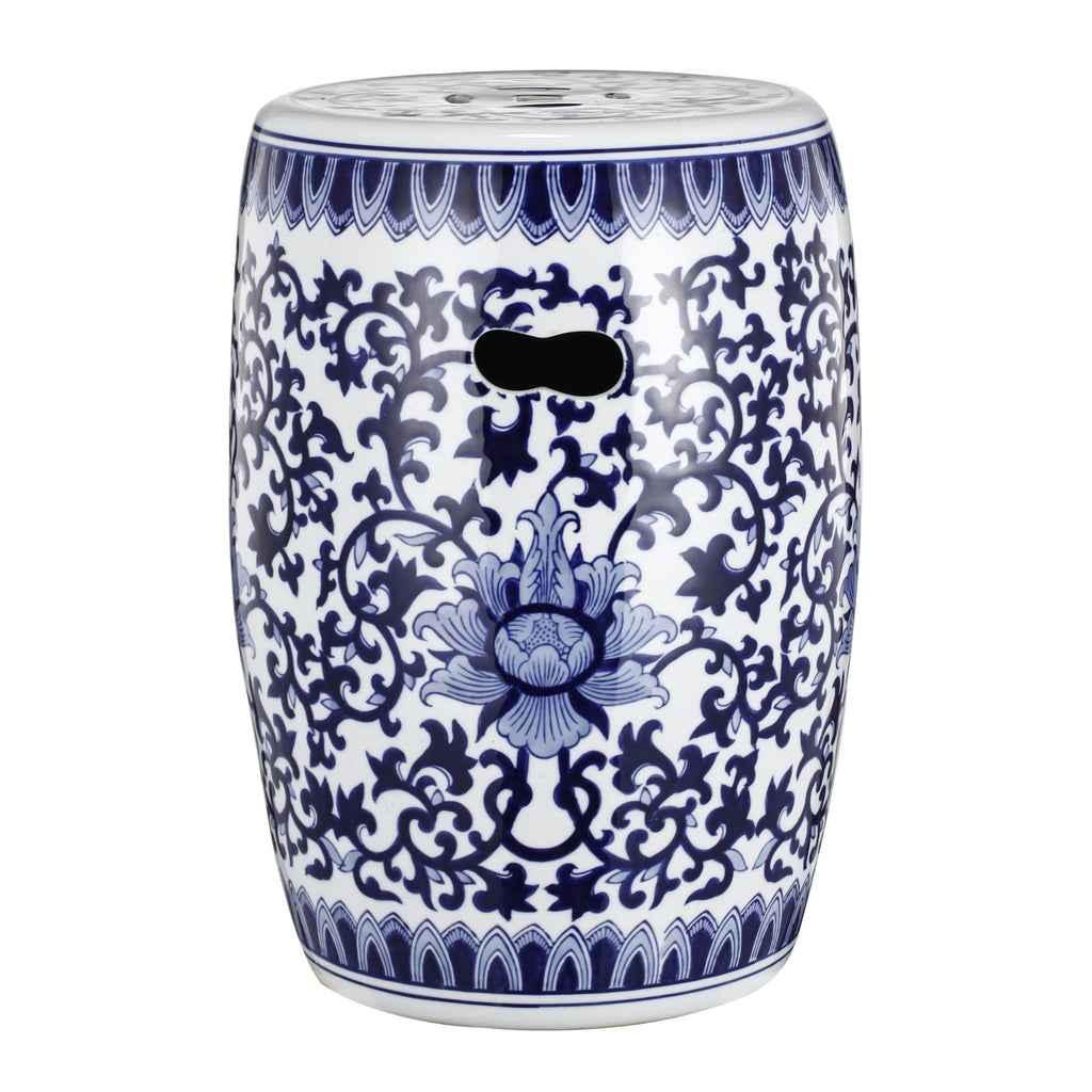 Ceramic Garden Stool, Small Side Tabel - White / Blue