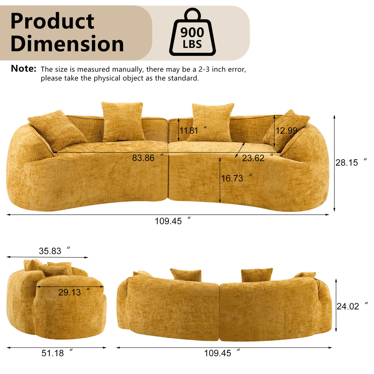 Curved Compressed Sofa, Nordic-Style Design For Living Room