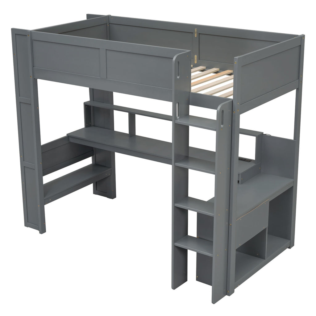 Gaming Loft Bed With Desk, Multi Storage Shelves, LED And Charging Station