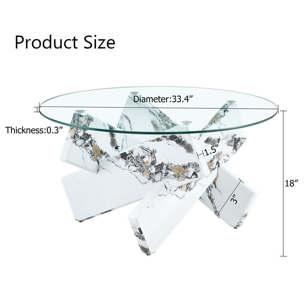 Modern Round Glass Coffee Table With Tempered Glass Countertop - White