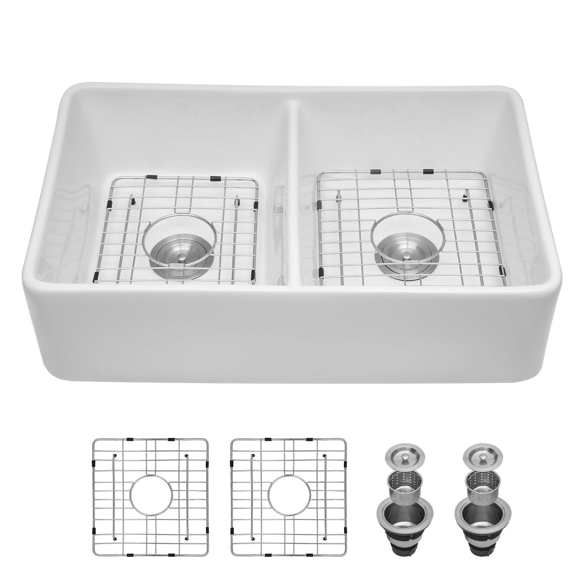 Double Bowl Apron Front Kitchen Sink 32", Sturdy And With Scratch Resistant - White